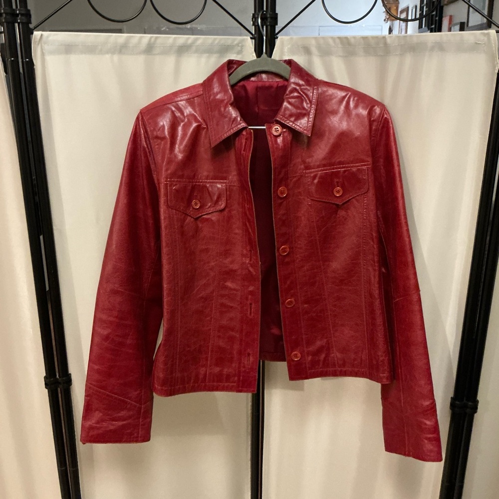 Vibrant Red Leather Jacket with Sleek Finish